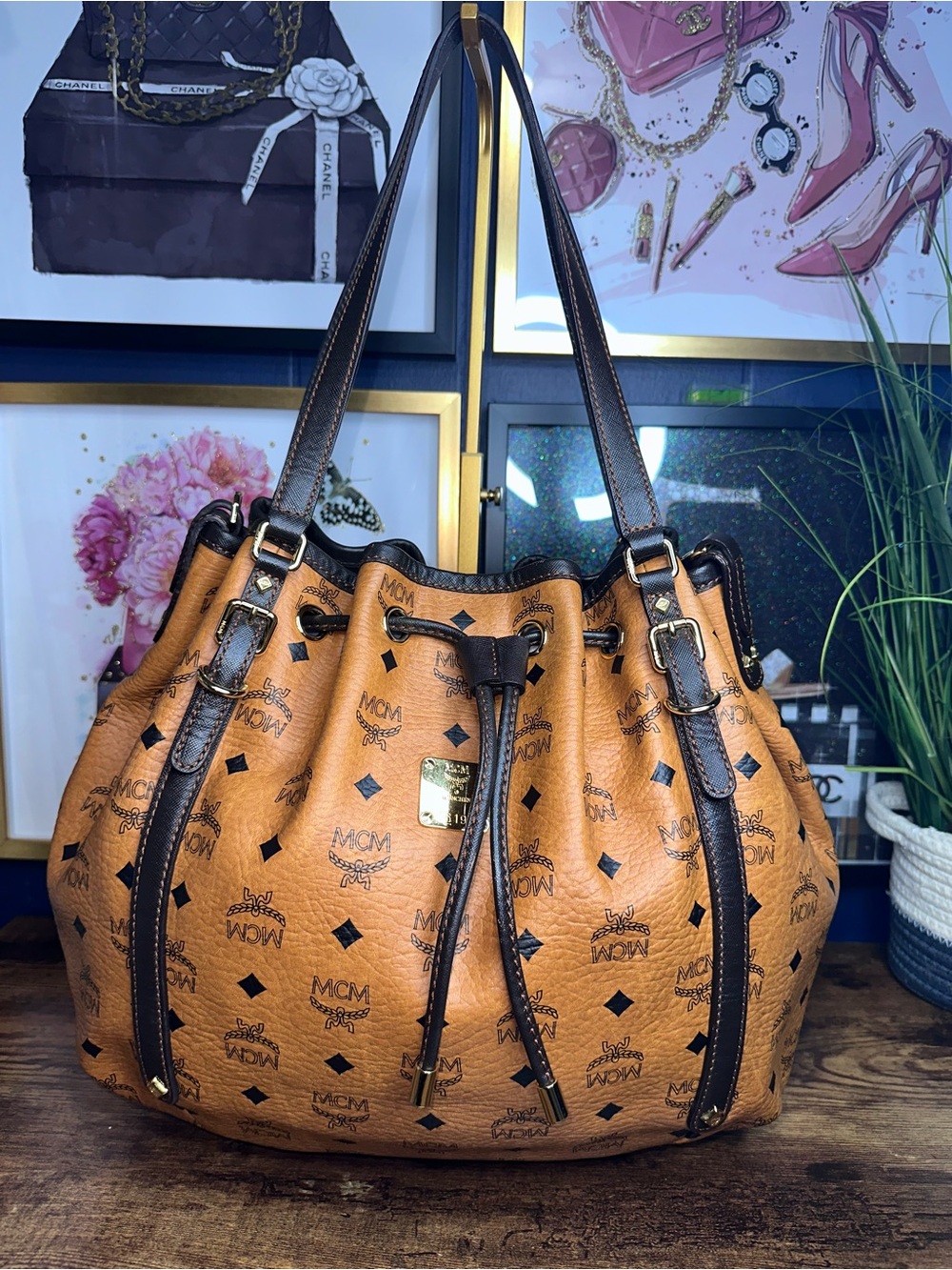 MCM Visetos Drawstring Bucket Shoulder Bag Cognac Brown Large Tote